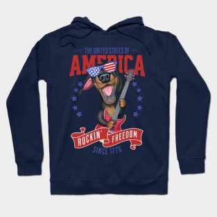 Cute and Funny Doxie Dachshund Dog with Red white and Blue sunglasses Fur Baby Rockin Freedom Hoodie